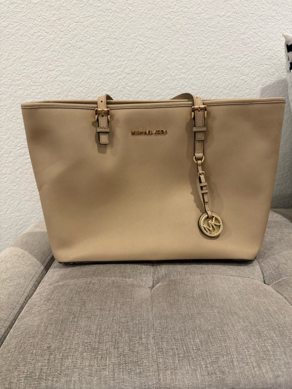 Michael Kors Tan Saffiano Leather Tote with Gold Logo Charm
